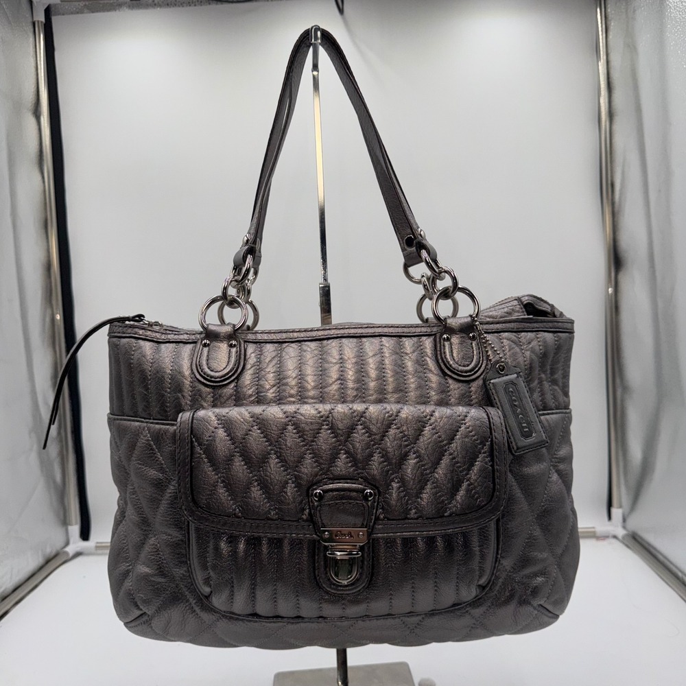 Coach Quilted Metallic Leather Tote Bag Silver Shoulder Handbag